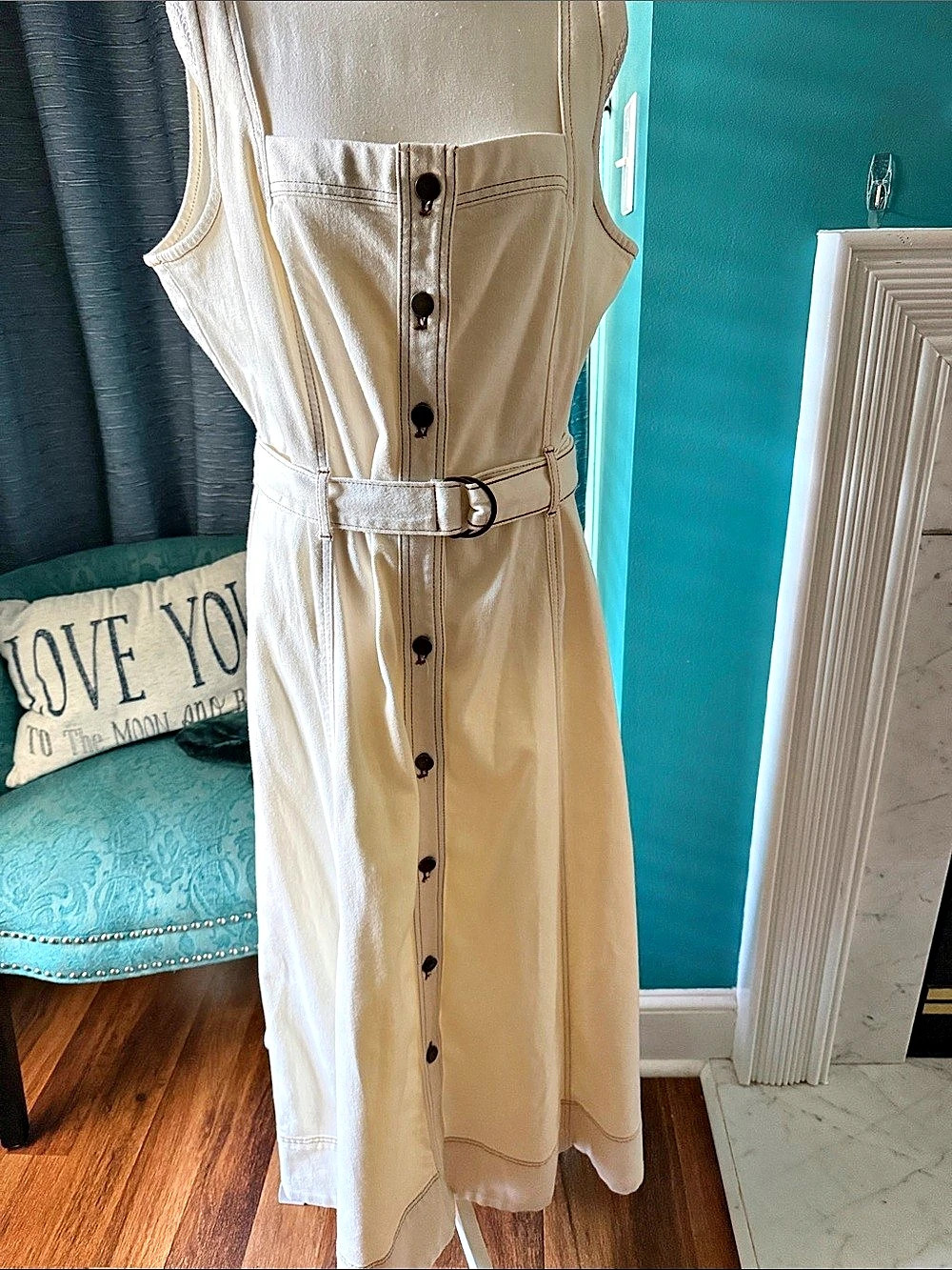 LOFT Denim Cream Button-Front Midi Dress with Tie Belt, Size 14